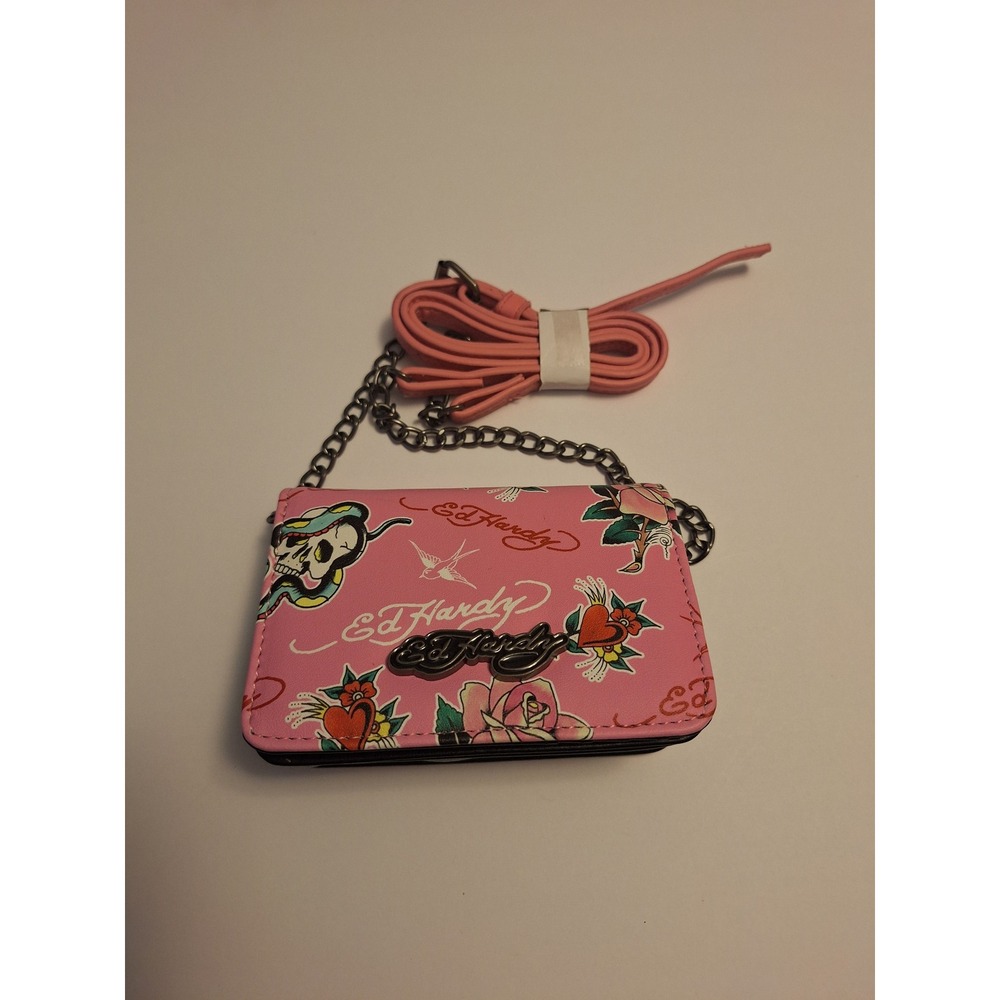Ed Hardy Pink Tattoo Print Crossbody Wallet Bag Skull Rose‎ Chain Strap New